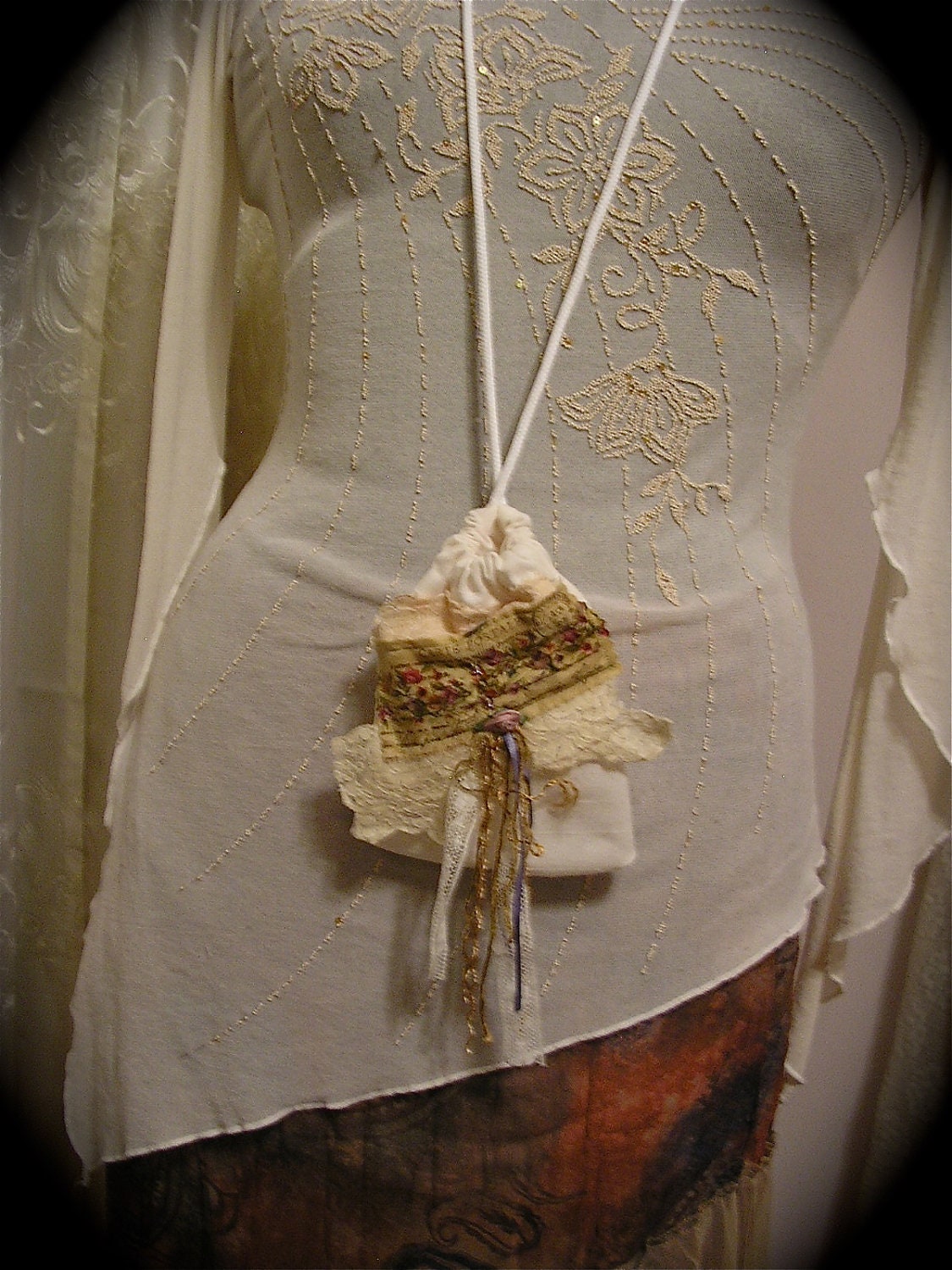 Pouch Necklace, cell phone iphone ipod shabby cotton drawstring bag