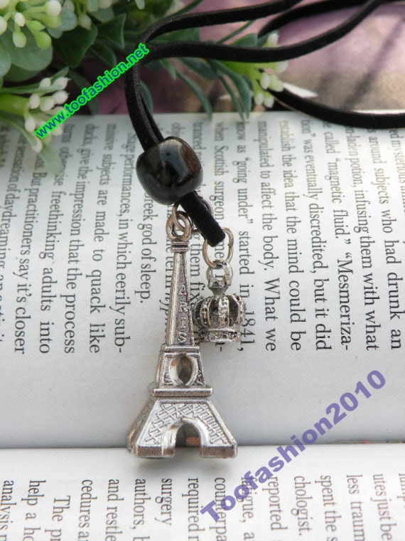 Pretty retro silver 3d eiffel tower with crown leather chain necklace pendant jewelry punk style
