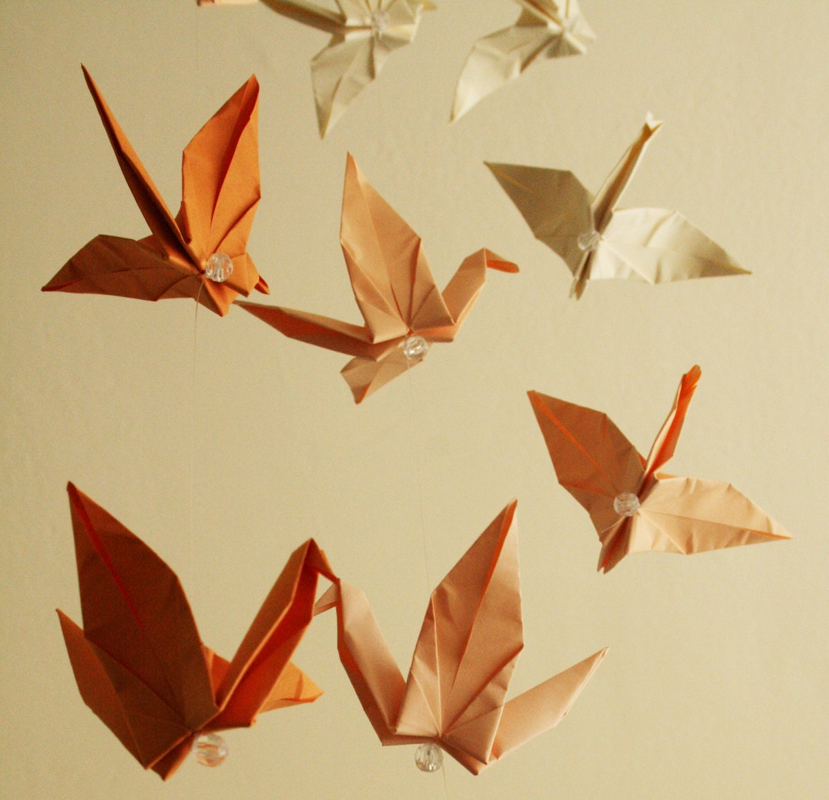 Origami Mobile - Flying Cranes in Peach Sunrise Colors - Hanging Decor - Origami Paper Sculpture - Modern Mobile