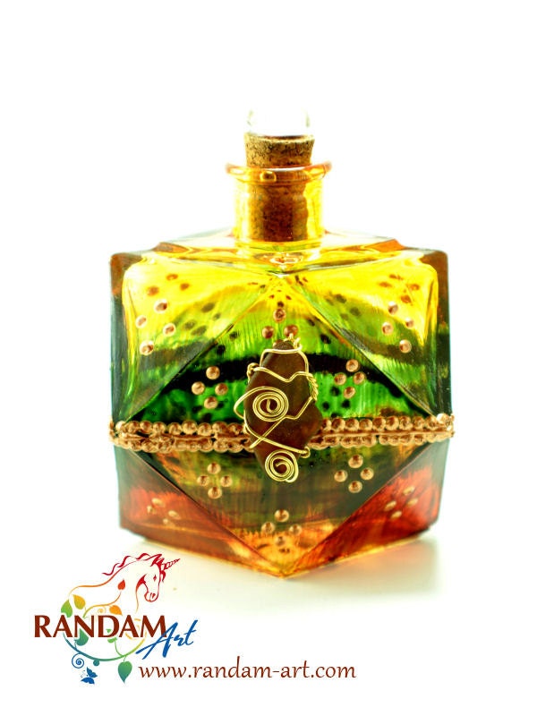 Painted Glass Bottle Reed Diffuser or Oil Lamp Candle in Sienna, Forest Green and Golden Yellow