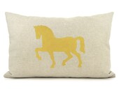 Horse pillow cover - Mustard yellow horse print on natural canvas front and geometric print backing - 12x18 lumbar pillow cover