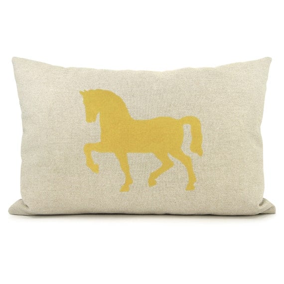 Lumbar pillow cover - 12x18 horse pillow cover - Mustard yellow and natural throw pillow case - Reversible geometric pattern pillow
