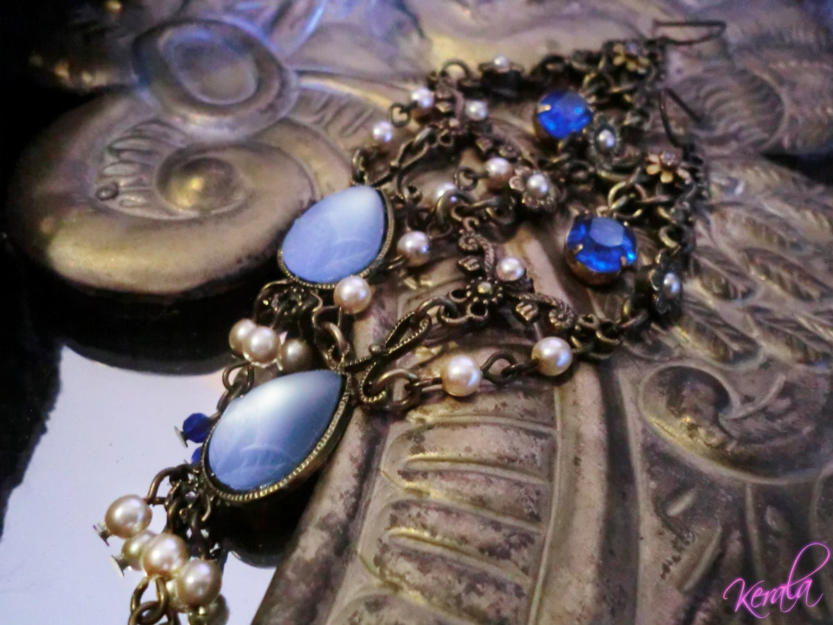 Victorian Chandelier Earrings- Sapphire Jewel and Creme Pearl - Antique, Vintage, Feminine,Edwardian-MTO