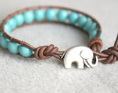 Turquoise Howlite Boho beaded leather wrap bracelet, good luck elephant, 1x Wrap, Chan Luu style, blue, green