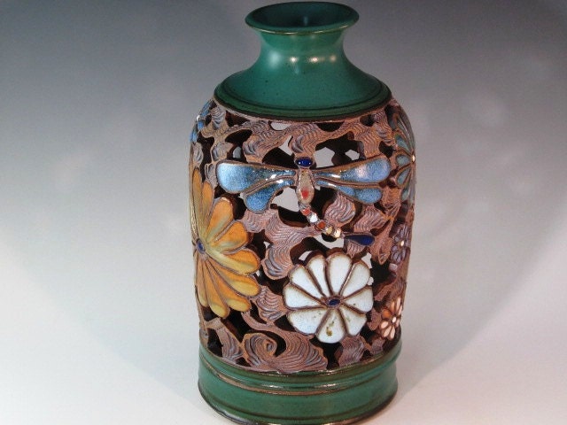 Two Piece Beautiful Luminaire With Green Glaze On Top And Bottom with Flowers And Dragonflies