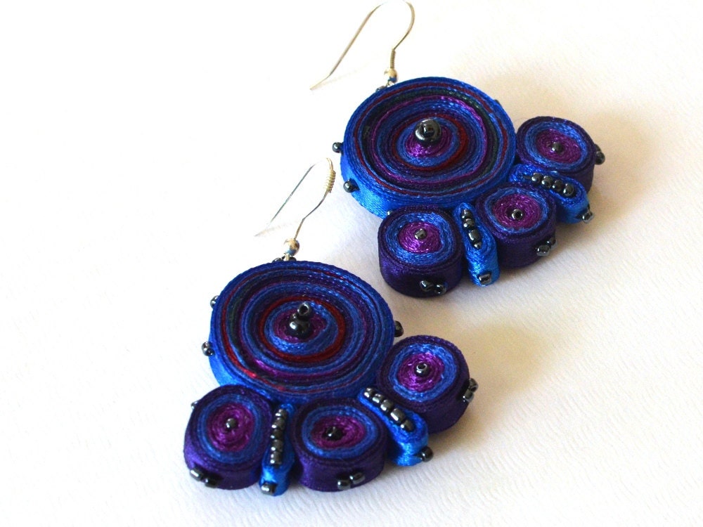 Earrings Blue Handmade - Textile Jewelry - Fiber Accessories - OOAK Ready To Ship
