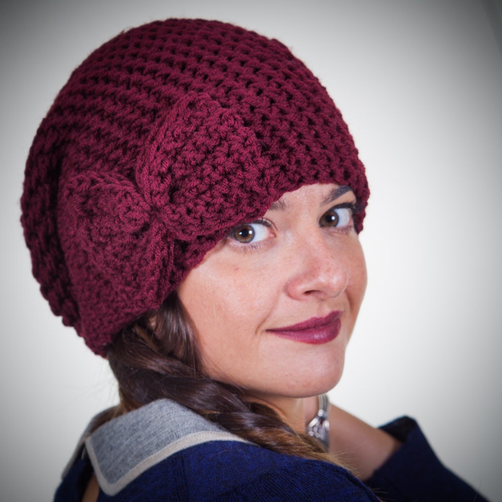 Hand Crocheted Vintage Inspired Slouchy Burgundy Bow Hat