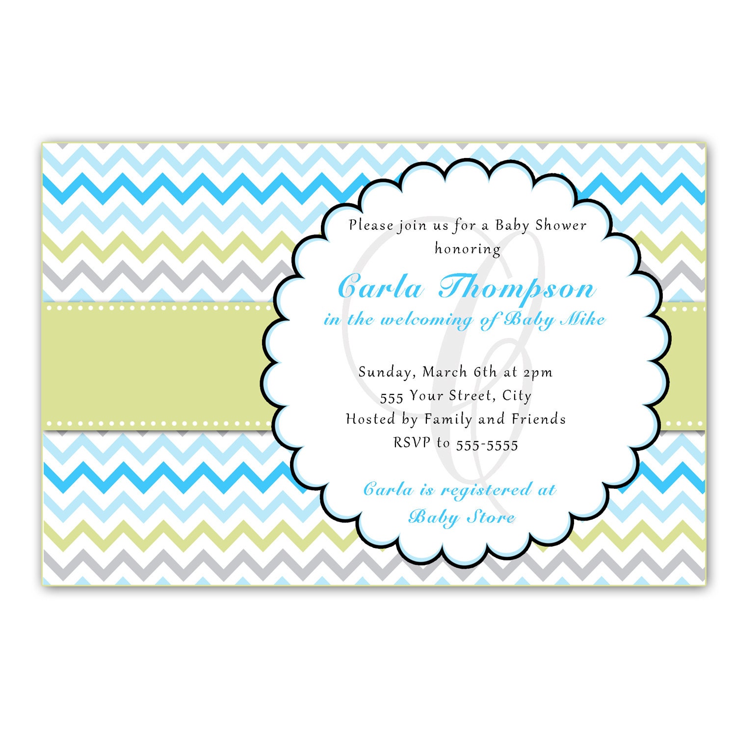 Printable Personalized Chevron Zigzag Lines Birthday Party Baby Shower Invitation Card - Printing available Zig Zag Custom Blue Green White