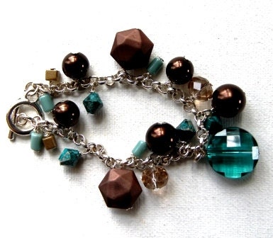teal, brown, gold, and taupe acrylic, crystal and faux pearl bracelet, ocean dunes collection - amusedjewelry