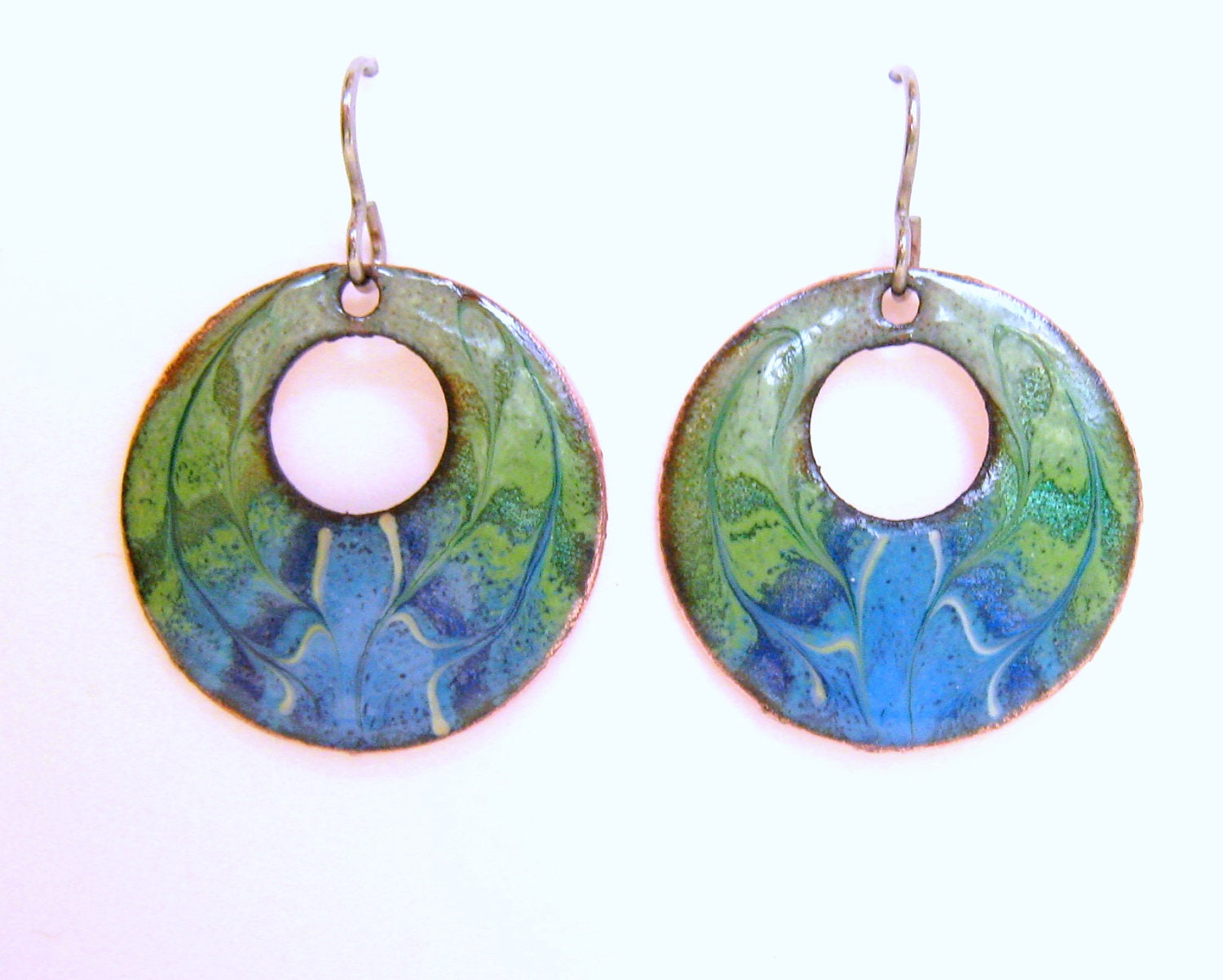 Green and Blue Hoop Earrings - copper enamel earrings in titanium hooks