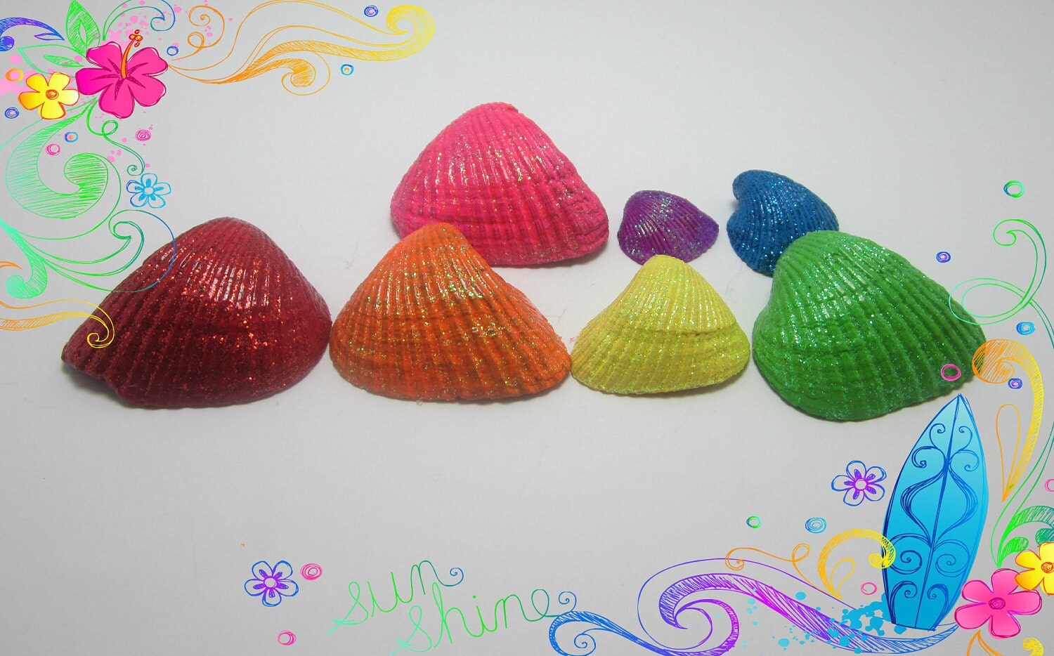 SALE Hand Painted Sea Shells Rainbow Colors Sparkle WAS 10.00