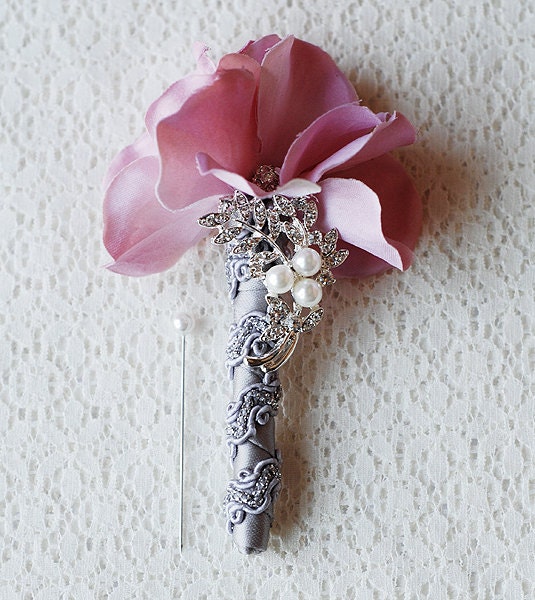 Hydrangea Boutonniere Corsages - Pearl Rhinestone Crystal - Silver Blush Light Pink Grey - 25% off - BN004LX