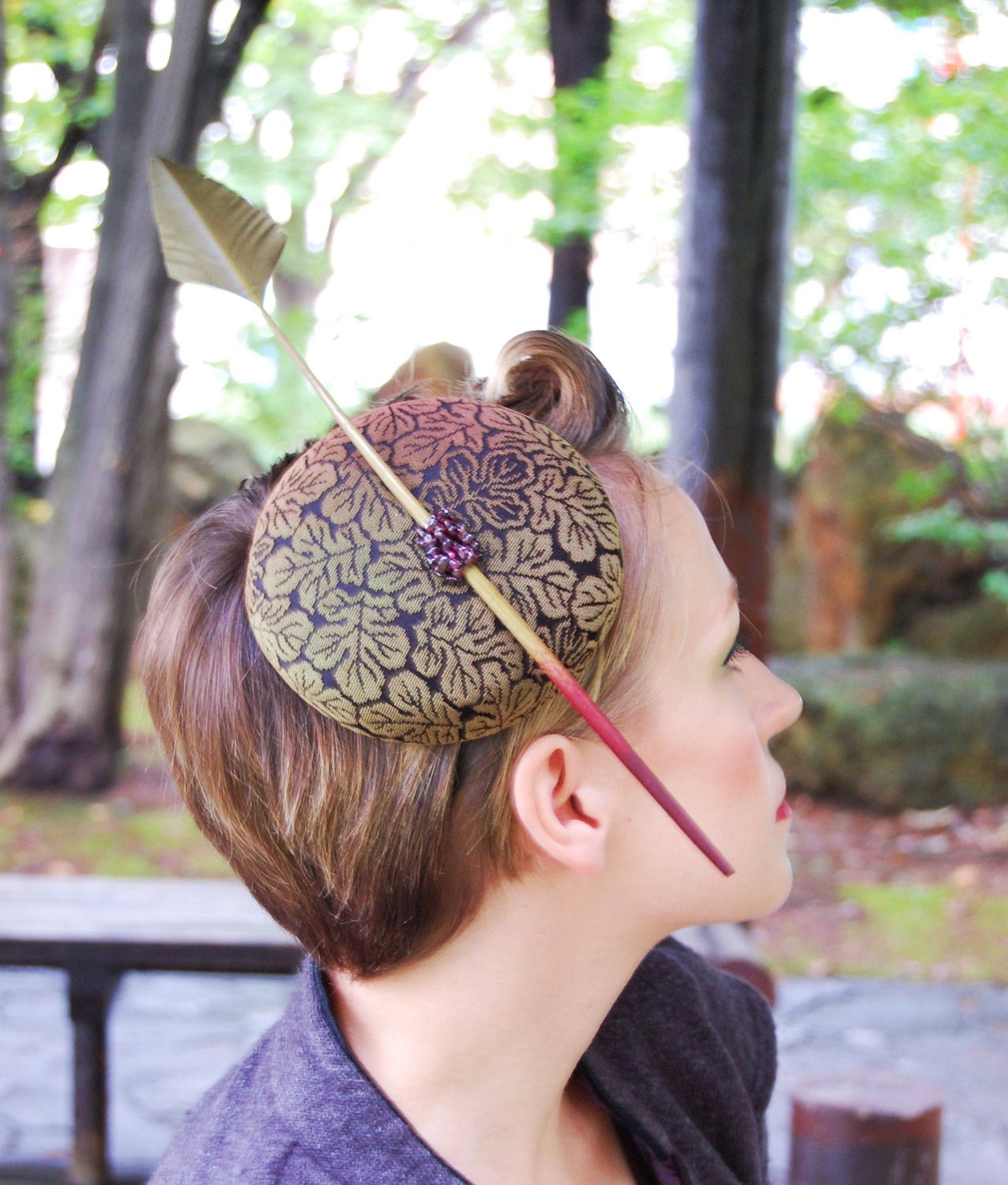 Cocktail hat "Oak Leaves and Arrows" Autumn kimono silk vintage style hat