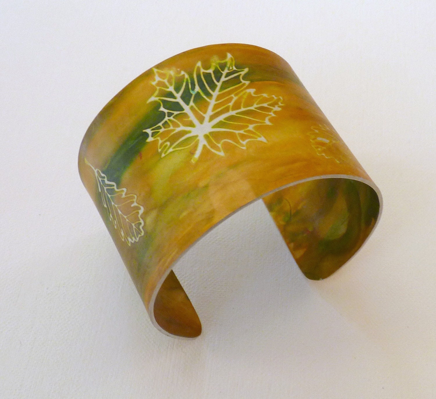Aluminium cuff bangle handpainted leaf design fall colors, yellow, green gold - KilnFiredArt