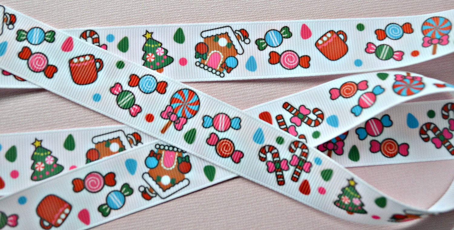 Candyland Gingerbread houses and candy on white 7/8" grosgrain ribbon Christmas Il_570xn