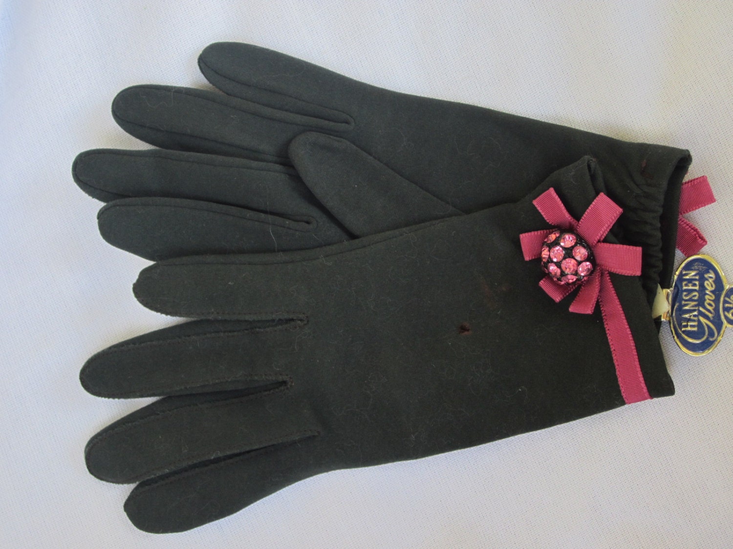 Vintage Black Gloves with Tag, Cotton, Pink Bow and Rhinestone Button, 1940s or 1950s Gloves, size 6.5