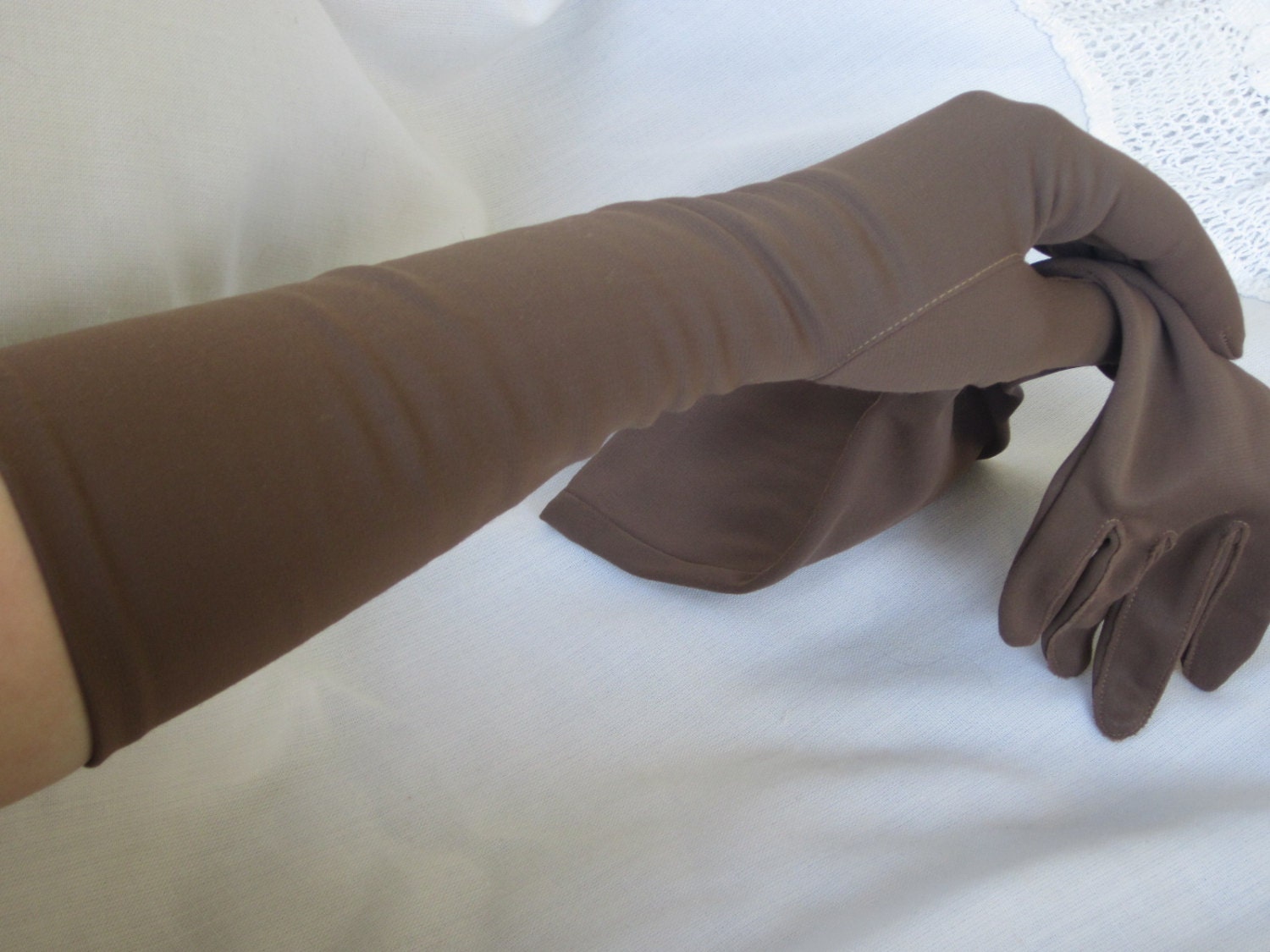 Like New Vintage Brown Long Gloves, 1950s, 1960s, Formal Dress Gloves
