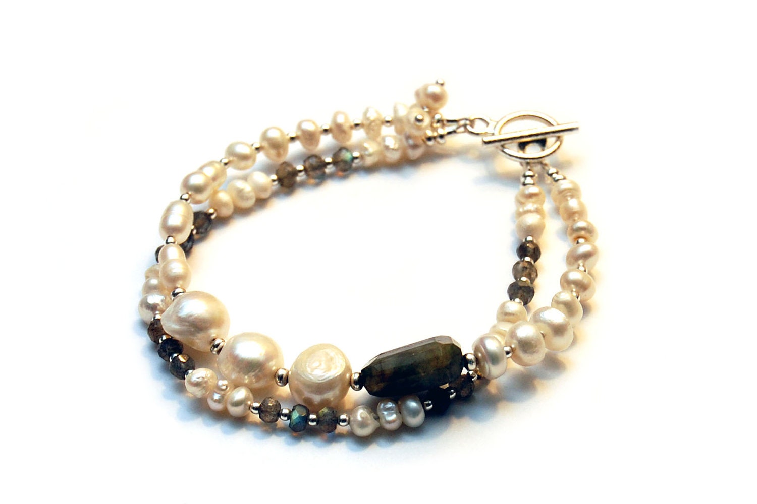SACRAL CHAKRA - Genuine Labradorite & Freshwater Pearl Statement Bracelet (Second Chakra - Arthritis, low energy, rheumatism, spine issues)