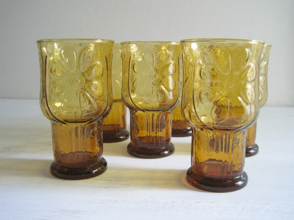 Mid-Century Glass Tumblers - Amber Flower Power