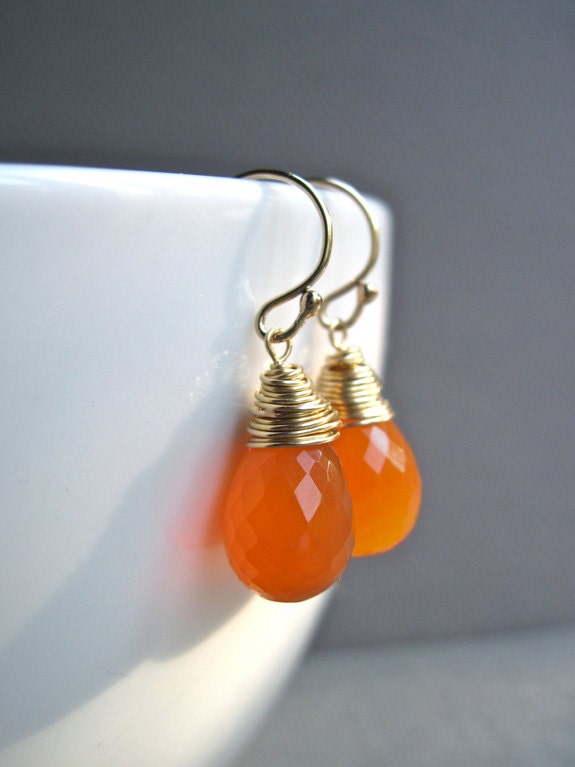 Wire Wrapped Carnelian Earrings in 14K Gold Fill, Handmade Orange Gemstone Drop Earrings