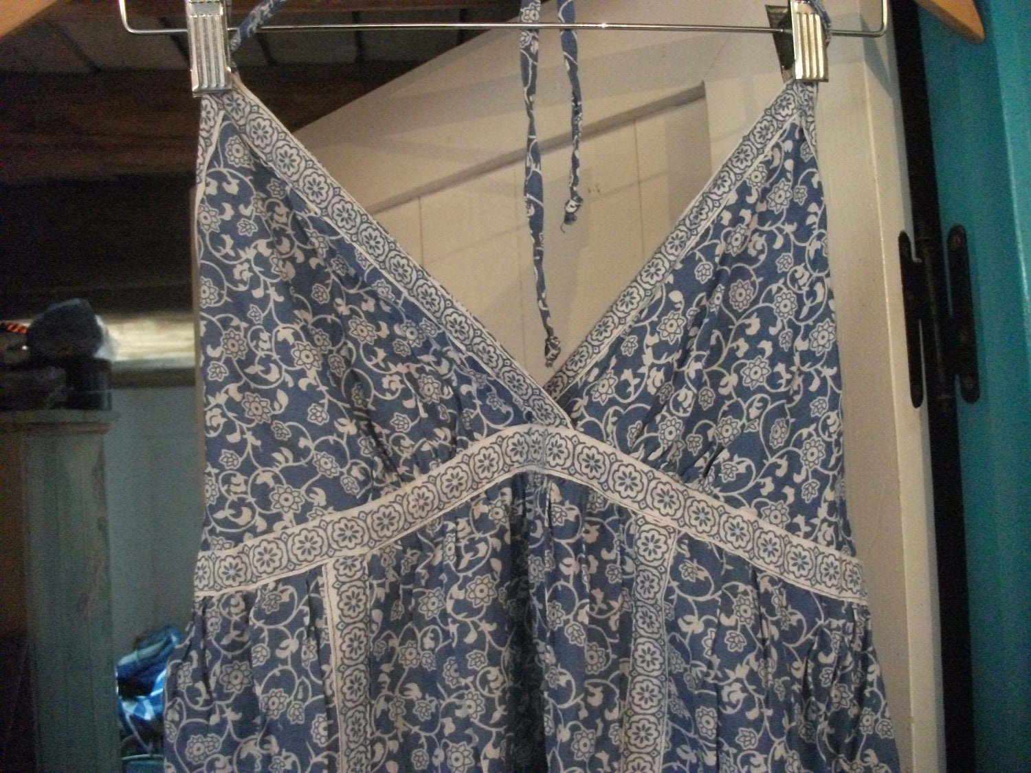 FLORAL PRINT DRESS,  blue and white, summer,beach, boho, festival,100% cotton, size M, 34b bust size