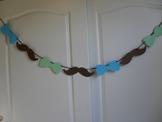 Mustache Bow Tie Banner Garland Brown Blue Green Birthday Party Little Man Bachelor party 40th birthday baby shower Custom colors available Il_570xn