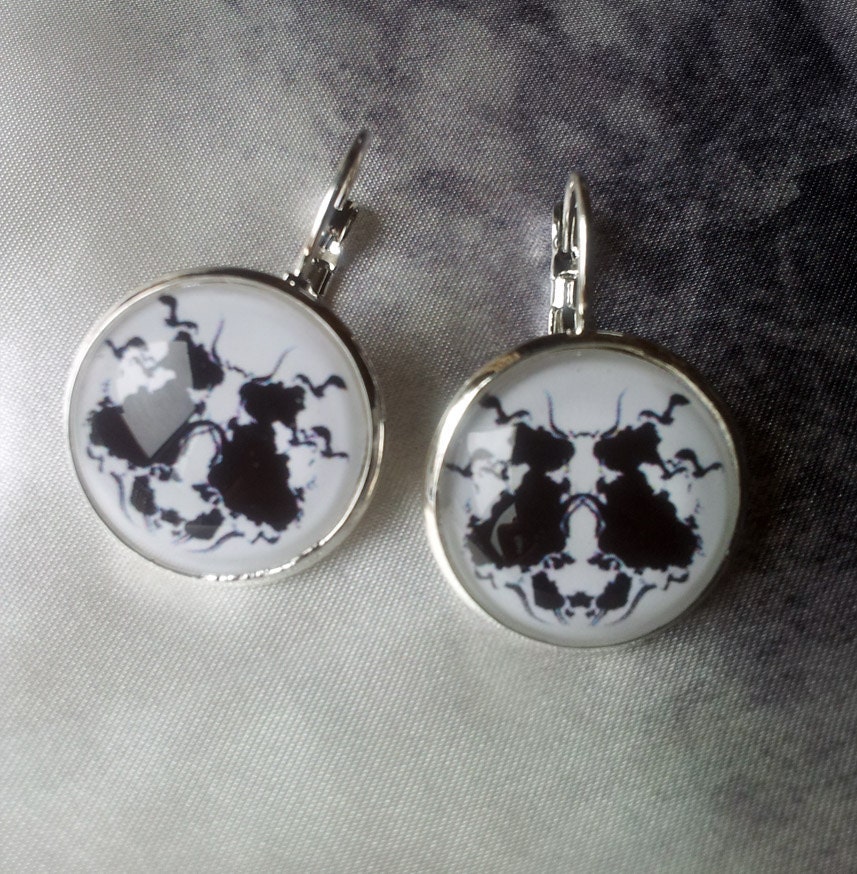 The Rorschach Test (illustration). Earrings Silver Plated. Circle Glass Tile Art Photo