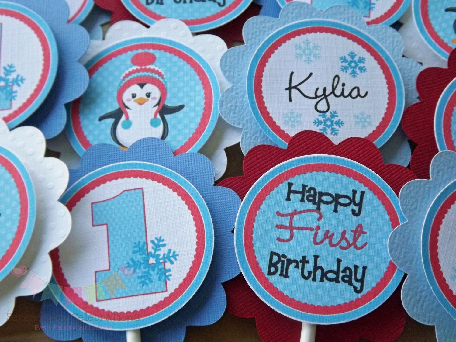 Set of 12 Personalized Red and Blue Penguin Collection -Cupcake Toppers -Baby Shower-1st Birthday Party -Onederland Il_570xn