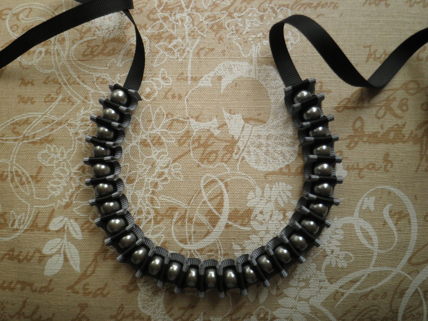 Ribbon necklace - Black and grey ribbon necklace with grey glass pearls