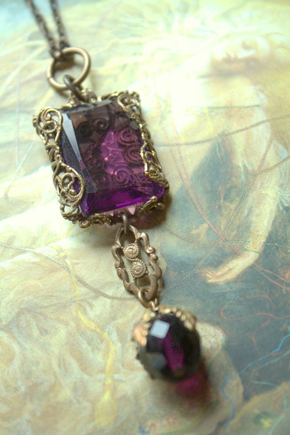 Vintage Czech Amethyst Glass Upcycled Filigree Necklace