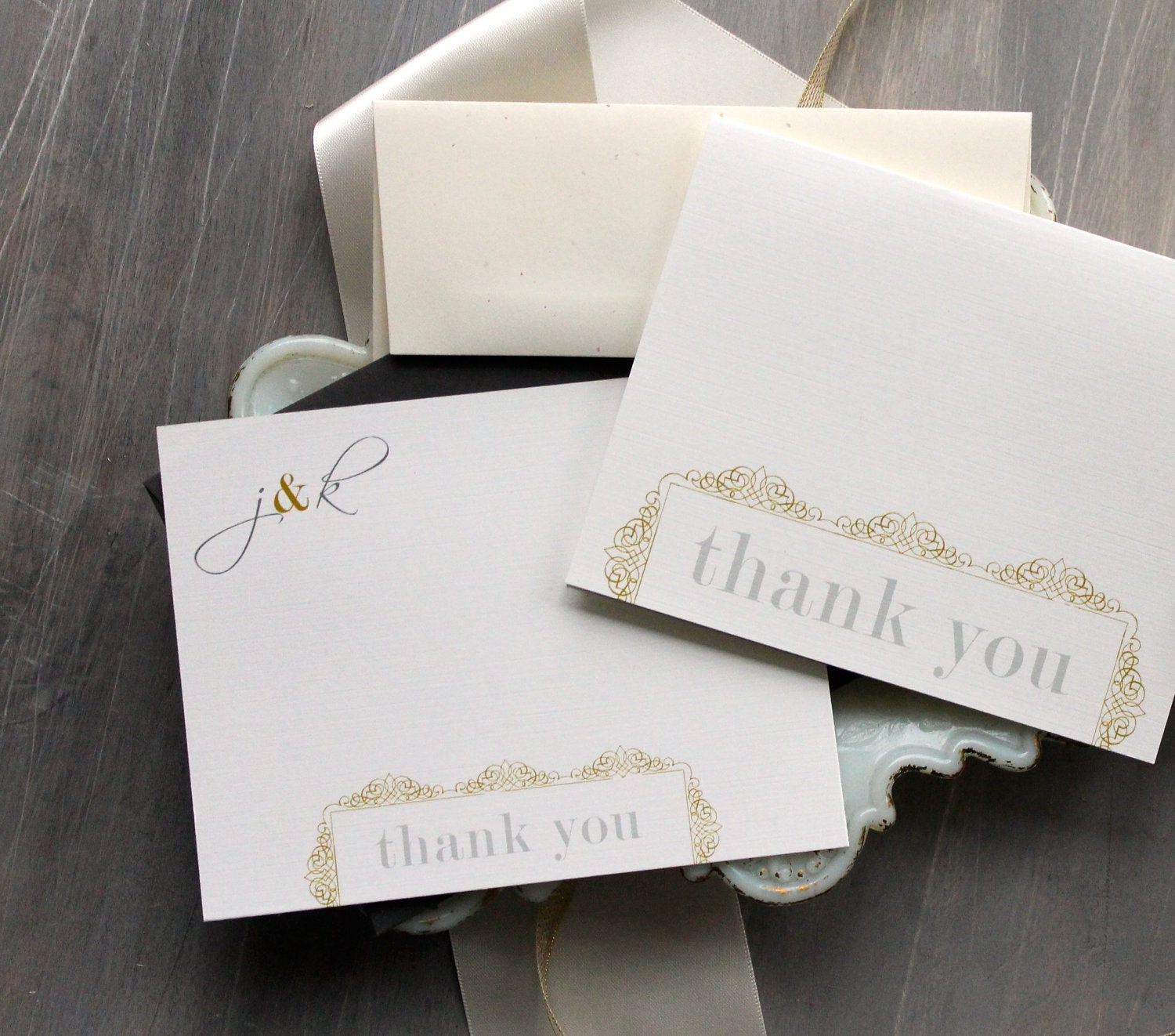 Modern Romance - Wedding Thank You Cards, Gray & Gold - Purchase to Start the Ordering Process