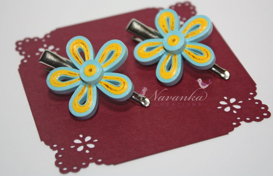 Reserved for Shimpa Set of 2 Blue and Yellow Paper Quilling Flower Alligator Hair Clips with Teeth