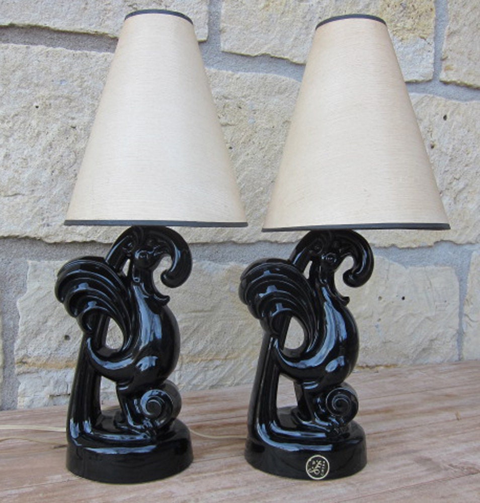 Mid Century Modern Sippi China Black Rooster Table Lamps with Shades - PAIR