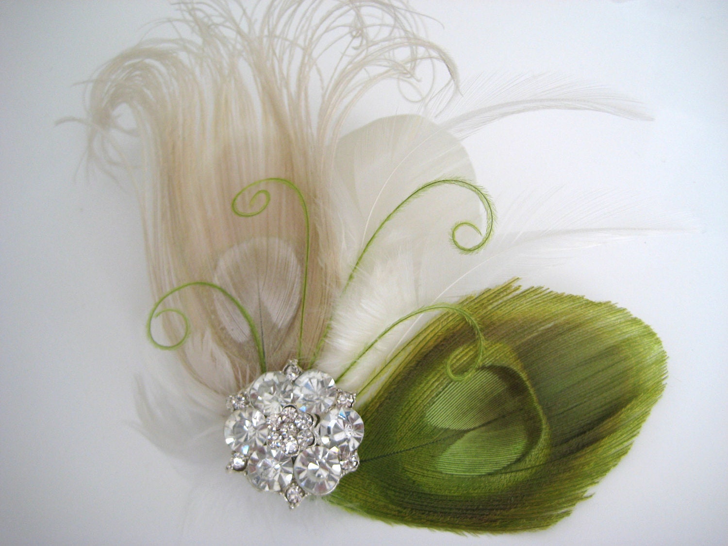 Fall Autumn Wedding Bridal Bridesmaid Ivory Lime Green Peacock Feather Rhinestone Jewel Hair Clip Fascinator