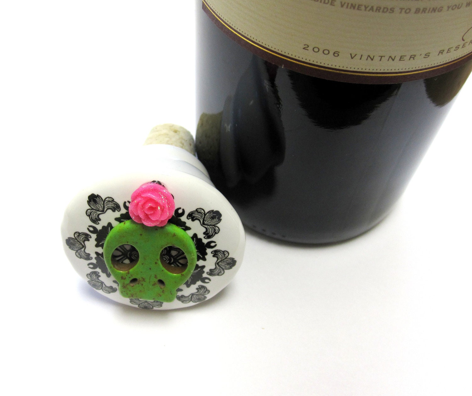 Sugar Skull Wine Stopper Day of The Dead Skull Lime Green Hot Pink Rose