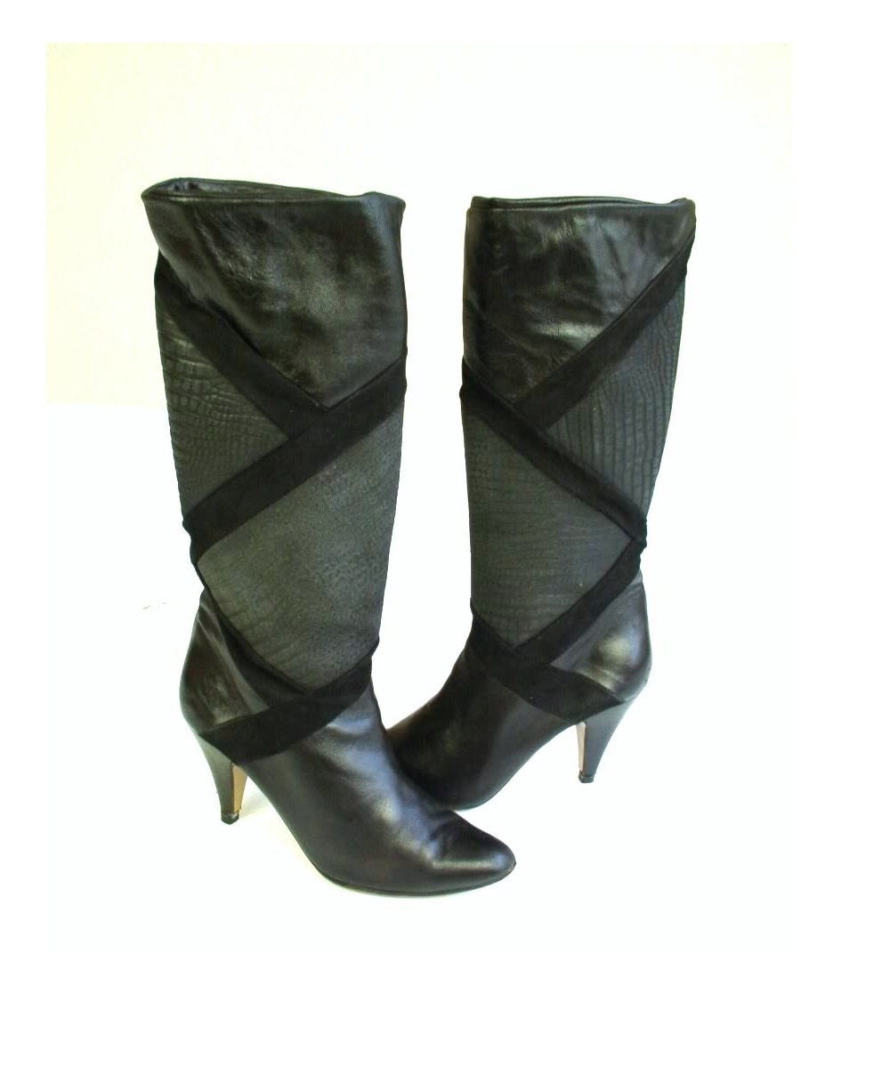 vtg 80s patchwork KNEE HIGH Spike Heel BOOTS suede 7 black leather faux reptile