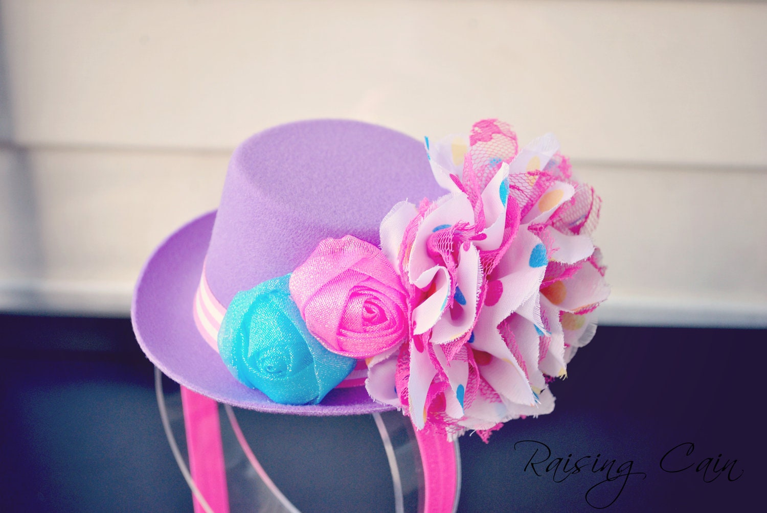 Cotton Candy Dreams Circus Birthday Polka Dot Mini Top Hat Headband Costume Girls Woman Glitter Rosettes Dots Ruffled Top Photo Prop
