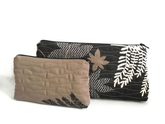 Fabric iPhone case and Clutch, Set of 2 cosmetic bags, Black and Beige bags, Christmas gift