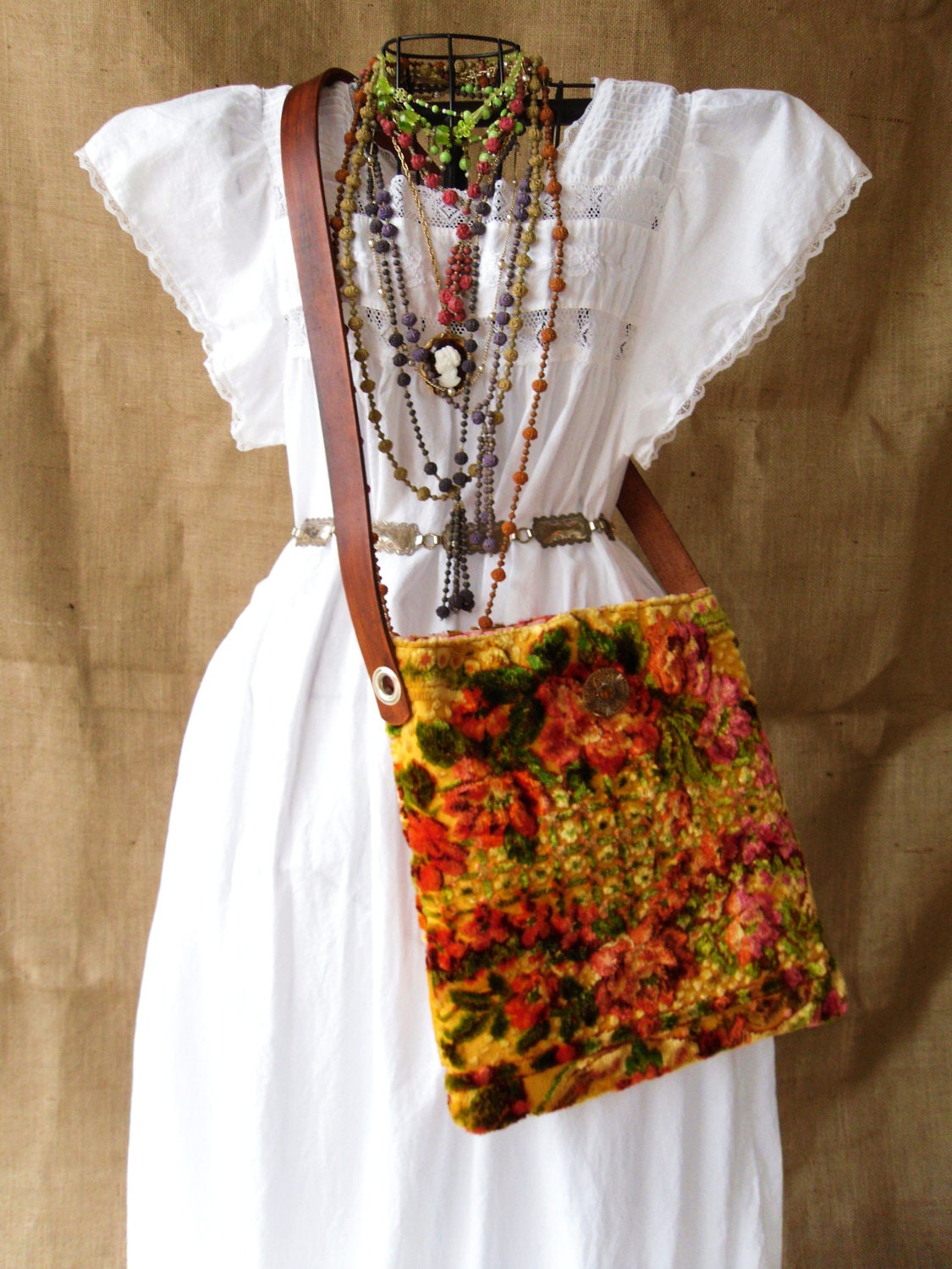Messenger/Crossbody Boho, Hippie, Italian Velvet Tapestry Leather Strap