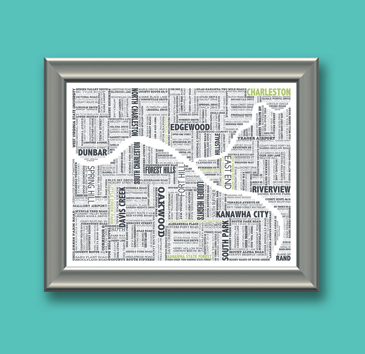Charleston West Virginia Typography Map 8x10 Print