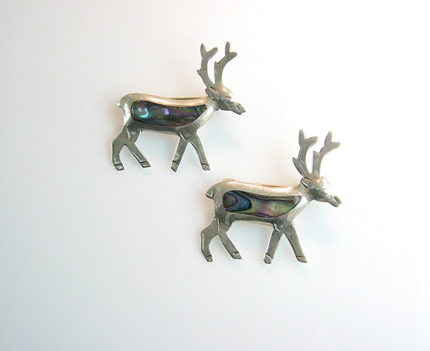 Taxco Silver Reindeer Pins Inlaid Abalone Bodies Caribou Antlers Set of Two Mid Century 1950s