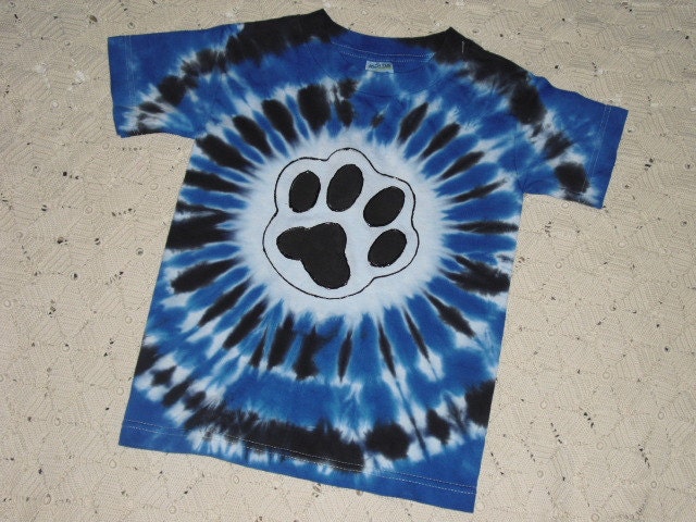 Tie dye shirt, youth small, "Awww... it's a PAW"- blue, black, white