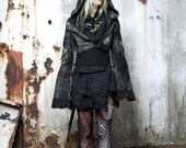 Crop Hooded Jacket Hand dyed Cotton Canvas  Cargo Sleeve pockets Patchwork details