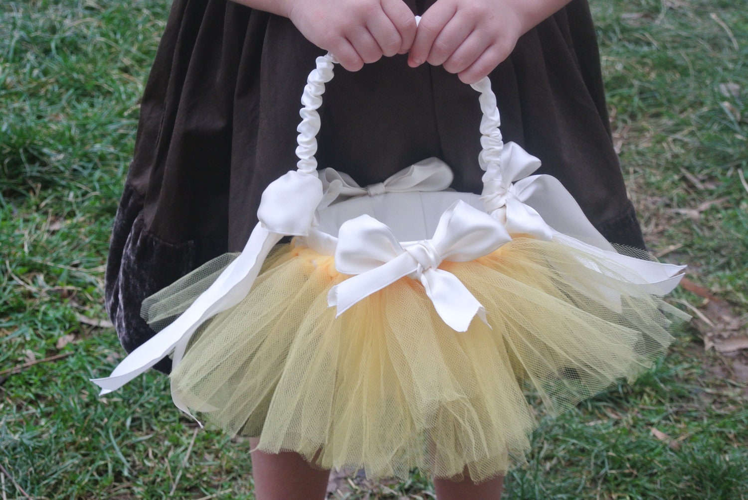 Flower Girl Basket Yellow, Tutu Skirt & Satin Basket, Ivory Satin Basket, Beach Wedding