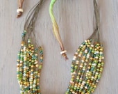 SALE Multi layered necklace 'Hang Ten- Vintage Hawaiian'  olive lime green, gold silk, leather, boho, adjustable