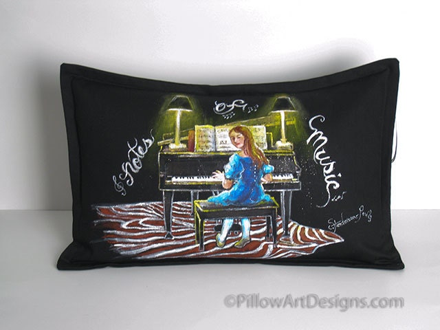 Girl Playing Piano Painted Pillow Cover Music Theme Home Decor