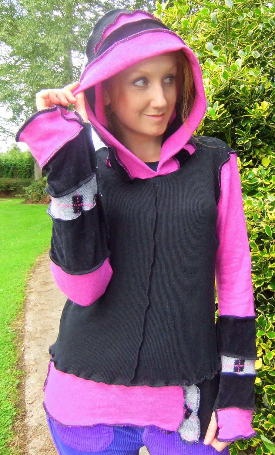 Black and Pink hoodie - upcycled sweaters - READY to SHIP