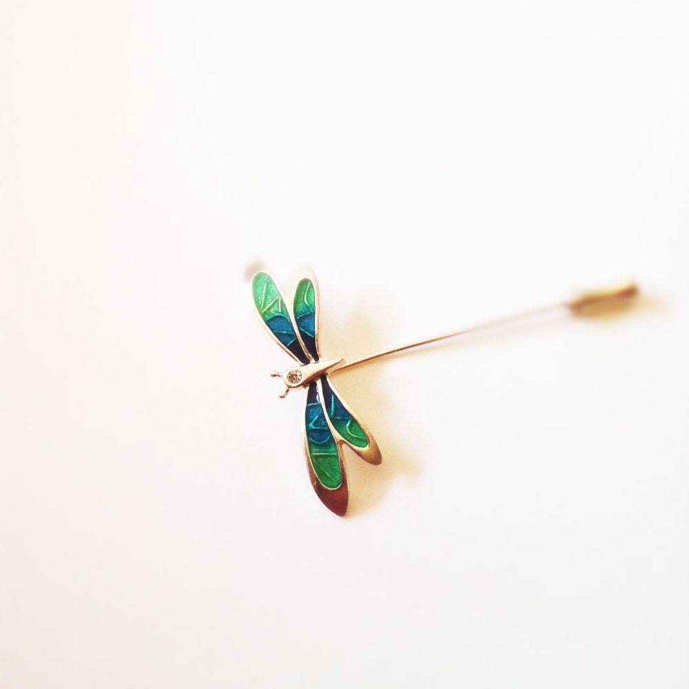 Vintage Enamel Dragonfly Brooch Rhinestone Silvertone