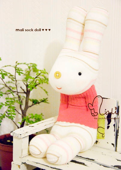 Mali Sock Doll, Sock Rabbit, White Bunny in Hot Pink Sweater, "Little Pinky"