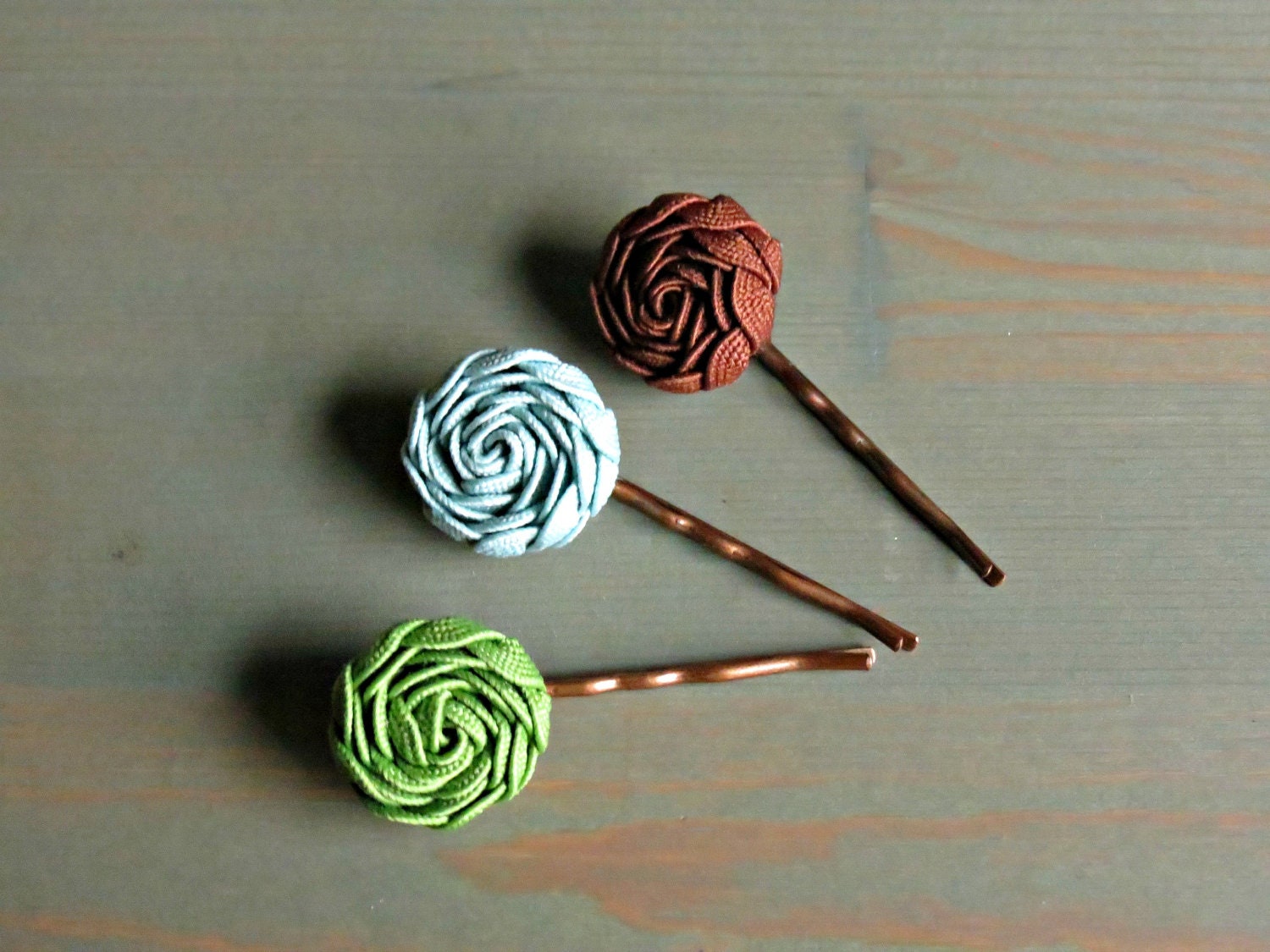 Brown, Green and Blue Flower Bobby Pins  . Gifts for Her . Ready to Ship . by ponyupdesigns